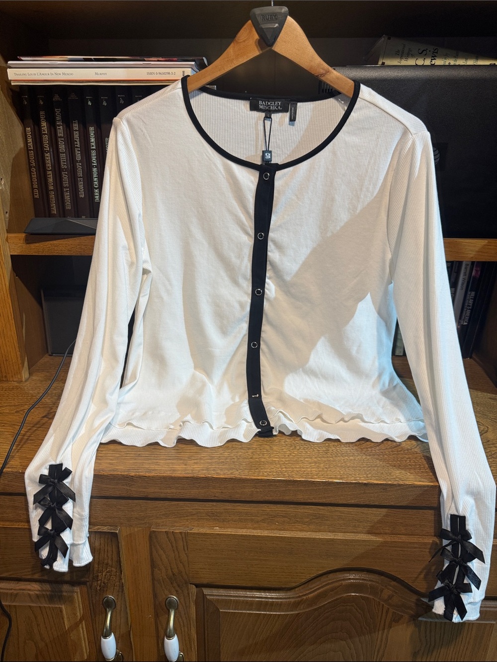 Badgley Mischka White Button-Front Cardigan with Black Trim and Bow Cuffs